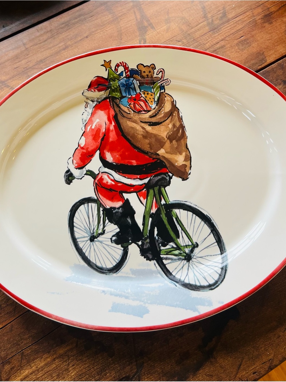 Pottery Barn Santa on Bike Christmas stoneware Serving Platter